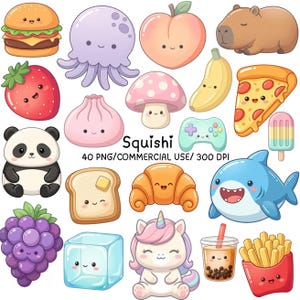 May include: A collection of colourful, cartoon-style stickers featuring various food items, animals, and objects with smiling faces. The text Squishi 40 PNG/COMMERCIAL USE/ 300 DPI is centred among the illustrations, which include a burger, jellyfish, peach, capybara, strawberry, dumpling, mushroom, banana, pizza, ice lolly, panda, toast, croissant, shark, grapes, ice cube, unicorn, bubble tea, and chips.