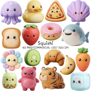 Puede incluir: Una colección de quince coloridas ilustraciones de personajes en 3D que incluyen una medusa, un pato, una porción de pizza, una concha, pan, una fresa, una dona, un tiburón, una flor, un kiwi, un croissant, un plátano, una zanahoria, té boba, un oso, un tigre y un cubo de hielo con el texto Squishi.