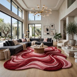 Burgundy Layered Pattern Rug | Extra Large Abstract Wool Carpet | Handmade Office Reception Style