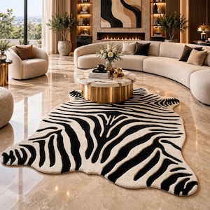 May include: An area rug featuring a black and white zebra stripe pattern with an irregular, organic shape that mimics the natural outline of an animal hide. The rug is crafted with a textured pile and is positioned on a polished marble floor.
