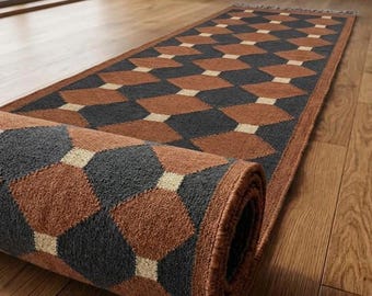 Chocolate Brown & Black Scandinavian Modern Minimalist Design. Chic Nordic Checkered Wool Runner.