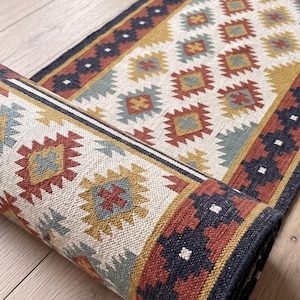 Red Kilim Runner Rug - Custom Size Hallway Runner - Blue Border Diamond Pattern Stair Runner - Wool and Jute Flatweave - Boho Entryway Rug