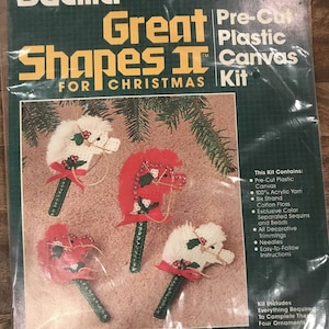 Vtg BUCILLA Great Shapes II Christmas &quot;Hobbyhorses&quot; Plastic Canvas Kit 61001 NEW