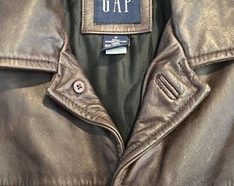 Vintage GAP Mens Genuine Leather Jacket Coat Brown Button up Y2K