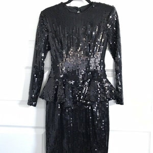 Vintage TADASHI Petites Sequined 80&#39;s Black Sheath Party Dress Peplum Size 4