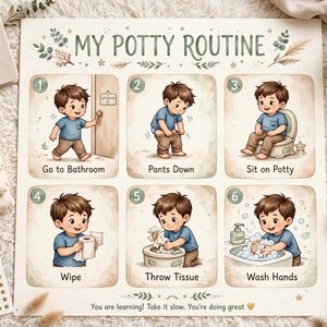 Op de afbeelding: Een vierkante poster getiteld My Potty Routine met zes genummerde illustraties van een kind in een blauw shirt en bruine broek die de stappen Go to Bathroom, Pants Down, Sit on Potty, Wipe, Throw Tissue en Wash Hands toont, inclusief een sterrenkaart.