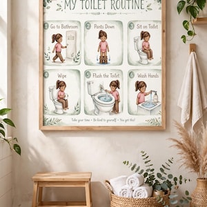 May include: A framed wall poster titled MY TOILET ROUTINE featuring six illustrated steps for bathroom hygiene. Each numbered panel shows a child in a pink shirt demonstrating actions: go to bathroom, pants down, sit on toilet, wipe, flush, and wash hands.