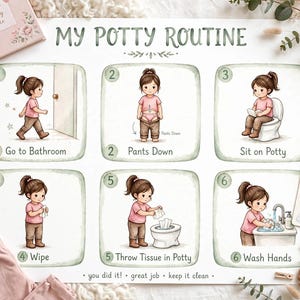 Op de afbeelding: Een witte poster met de titel MY POTTY ROUTINE met zes genummerde illustraties van een kind in een roze shirt en bruine broek die de stappen toont: naar de wc gaan, broek naar beneden, op het potje zitten, afvegen, papier weggooien en handen wassen.