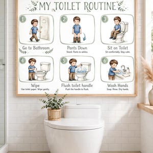 May include: A framed instructional poster titled MY TOILET ROUTINE featuring six numbered illustrations of a child demonstrating steps: go to bathroom, pants down, sit on toilet, wipe, flush toilet handle, and wash hands with descriptive text.