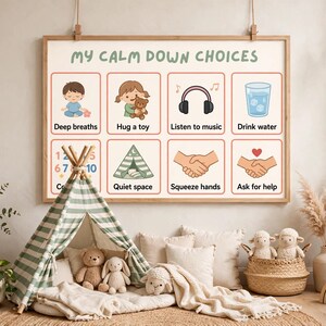 May include: A rectangular wall poster titled MY CALM DOWN CHOICES featuring eight illustrated squares with activities like deep breaths, hugging a toy, listening to music, drinking water, counting, a quiet space, squeezing hands, and asking for help.