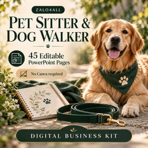 Peut inclure: Un kit commercial numérique pour pet sitters et promeneurs de chiens avec 45 pages PowerPoint modifiables. L'image montre un golden retriever portant un bandana vert foncé avec une empreinte de patte, un carnet à spirales et une laisse.