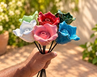 Handmade Ceramic Rose Bouquet, Colorful Pottery Flowers, Unique Gift for Her, Lasting Floral Decor
