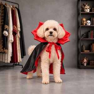 May include: A light-colored dog wearing a black and red vampire cape with a high, stiff collar and a red ribbon tie at the neck. The cape features a smooth, satin-like finish with a vibrant red interior lining that contrasts with the black exterior.