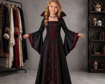 Girls Vampire Costume, Gothic Halloween Dress, Kids Dark Princess Outfit