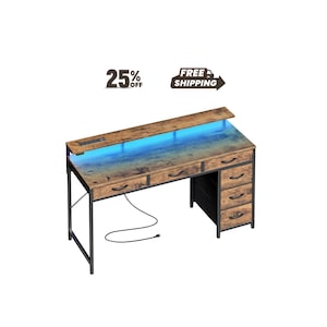 May include: A rectangular desk with a rustic brown wood grain finish and a black metal frame. It features a raised shelf with an integrated power outlet, three wide drawers, and a side cabinet with four drawers. A blue LED light strip glows.