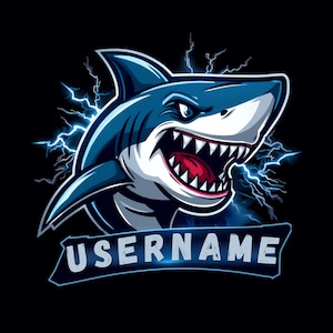 Peut inclure: Une illustration graphique d'un requin bleu avec la gueule ouverte montrant des dents acérées, sur un fond d'éclairs bleus brillants. Sous le requin se trouve une bannière bleu foncé avec le mot USERNAME écrit en lettres capitales blanches.