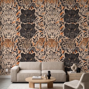 Wild Big Cat Leopard Panther Peel and Stick Wallpaper , Lynx Black Orange Animal Print Pattern