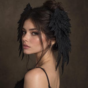 May include: A pair of black lace hair accessories shaped like feathered wings, attached to the sides of a dark-haired head. The intricate, layered embroidery mimics the texture of plumage, extending downwards from the temples in a pointed design.