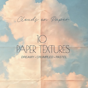 May include: A digital graphic featuring a sky with white and pink-tinted clouds printed on a crumpled paper texture. The text reads: Clouds on Paper, 10 PAPER TEXTURES, DREAMY • CRUMPLED • PASTEL. The image has visible vertical and horizontal creases.
