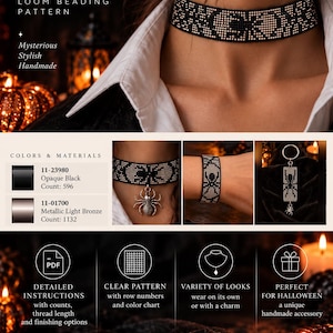 May include: A Halloween beaded choker loom beading pattern featuring opaque black and metallic light bronze beads. The design includes a spider motif, detailed instructions, row numbers, a color chart, and options for a charm or bracelet.