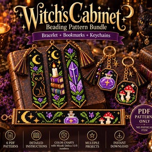 Paquete de patrones de abalorios "Gabinete de Bruja", pulsera para telar, marcapáginas, llaveros, Miyuki Delica 11/0, PDF