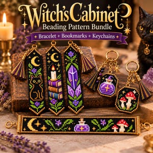 May include: A beading pattern bundle titled Witch's Cabinet featuring a bracelet, three bookmarks, and two keychains. The designs include a black cat, a candle on books, a purple crystal, a potion bottle, and mushrooms in black, purple, and green.