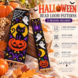 May include: Two Halloween bead loom patterns featuring black, orange, and purple designs. One pattern shows a black cat on a pumpkin with a spiderweb and ghost. The other displays ghosts, a moon, and a pumpkin. Text includes HALLOWEEN BEAD LOOM PATTERNS.