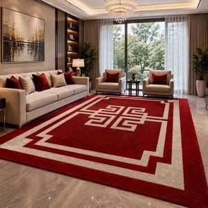 May include: A large rectangular area rug featuring a deep red base color with a prominent white geometric border and a central interlocking square pattern. The rug is positioned on a polished light-colored floor in a spacious living room setting.