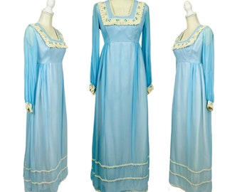 S • 70’s Blue Chiffon & Lace Maxi Dress - Vintage 1970’s Boho Hippie Prairie Pastel Blue Prom Party Dress with Crochet Lace Trim