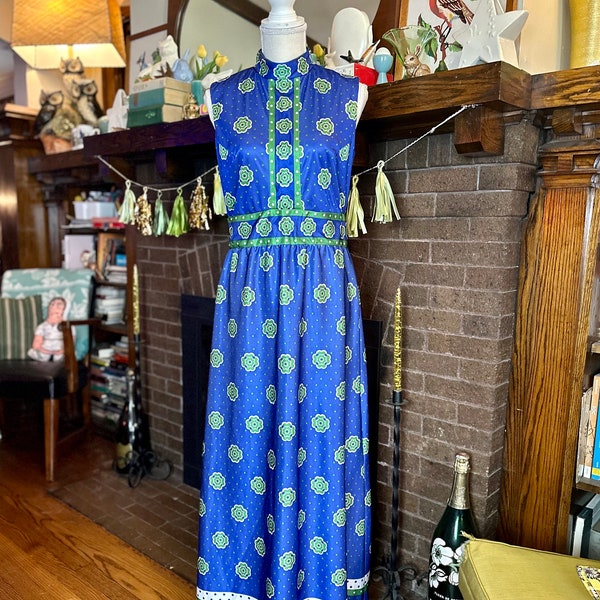 S • 1970’s Lord & Taylor Mod Blue and Green Floral High Neck Maxi Dress *For Repair* *See Description*