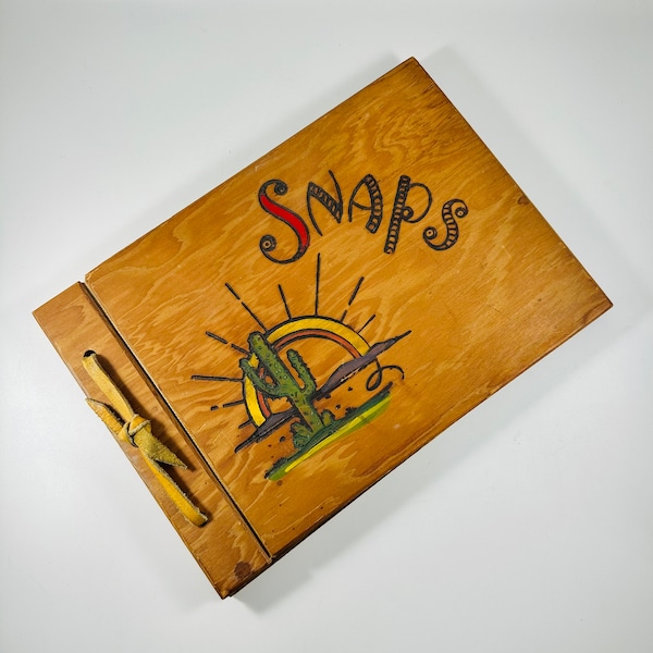 40’s Wooden Scrap Book Photo Album - Vintage 1940’s Handpainted Southwestern Wooden Snapshot Photo Album Collage Book