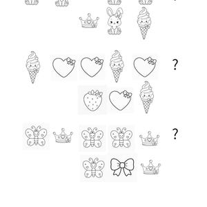 以下が含まれることがあります： Complete the Patternというタイトルの白黒の教育用ワークシート。3行の繰り返しシーケンスが並んでいます。アイコンには、漫画のウサギ、王冠、アイスクリームコーン、ハート、イチゴ、蝶、リボンがグリッド状に配置されています。
