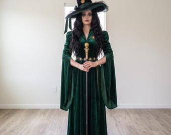 Disfraz de bruja Elden para mujer, vestido de bruja oscura, atuendo de bruja gótica, bruja de Halloween, vestido de hechicera de fantasía, reina bruja, terciopelo verde