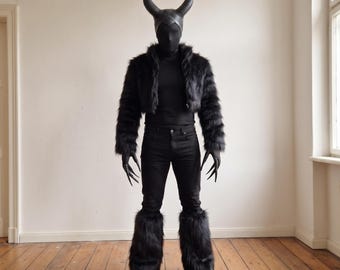Men’s Demon Costume Set, Horned Devil Halloween Costume, Black Fur Demon Outfit, Horror Creature Cosplay, Dark Fantasy LARP Costume