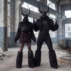 Peut inclure: Deux silhouettes portant des masques noirs à cornes et des gants à longues griffes. L'une porte une veste en fausse fourrure noire avec une jupe bordeaux foncé et des jambières en fourrure noire. L'autre porte une veste, un haut et un pantalon noirs.