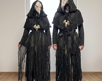 Disfraz de pareja de fantasía oscura, disfraz de bruja y hechicero, atuendo de pareja de nigromante, disfraz de LARP con capucha, disfraz de pareja para Halloween