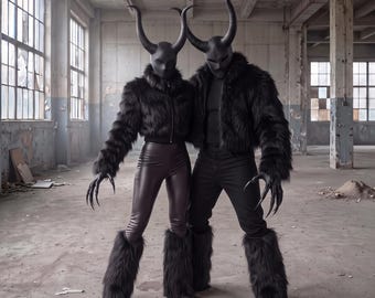 May include: Two figures wearing black horned masks, black faux fur jackets, and black faux fur leg warmers. One figure wears black leggings and the other wears black trousers. Both figures have long, pointed, claw-like black gloves on their hands.