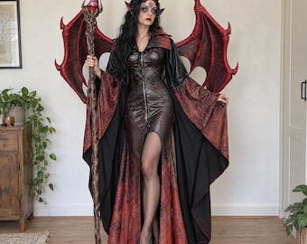 Disfraz de Reina Demonio para Mujer, Disfraz de Bruja Alada, Vestido de Hechicera con Cuernos, Bruja Dragón Roja, Disfraz de Fantasía Oscura, Atuendo Gótico de Halloween