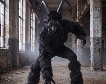 Larp Black Krampus, Goat Demon Costume, Horned Warlock Creature Mask, Occult Satanic Witcher, Halloween Horror, Krampus Costume Set