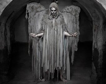 Angel of Death Costume, Hooded Fringe Cape & Wings, Halloween Demon Cosplay