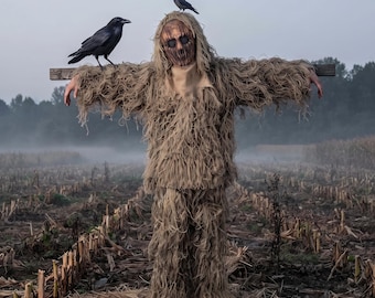 Scary Scarecrow Costume, Adult Horror Halloween Costume, Burlap Mask & Shaggy Suit, Creepy Cornfield Creature, Haunted House Cosplay