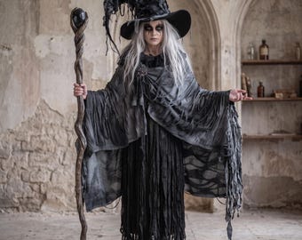 Disfraz de bruja para mujer, disfraz de bruja gótica, atuendo de bruja oscura, capa y falda de bruja negra, disfraz de Halloween, conjunto de bruja para LARP de fantasía.