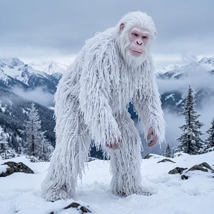 Può includere: Un costume integrale caratterizzato da lunghe fibre di pelliccia sintetica bianca e arruffata che coprono l'intero abito. Il copricapo presenta un volto realistico da primate con tonalità rosa pallido, naso piatto e folta criniera bianca.