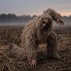 May include: A full-body ghillie suit made of tan, fibrous, string-like material covering the torso, arms, and legs. The suit includes a hood and a brown, textured mask with dark, hollow eye sockets and vertical streaks across the face.