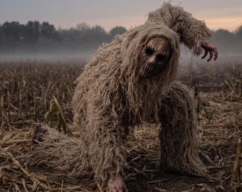 Disfraz de espantapájaros aterrador, disfraz de terror para adultos de Halloween, máscara de arpillera y traje peludo, criatura espeluznante del campo de maíz, cosplay de casa embrujada