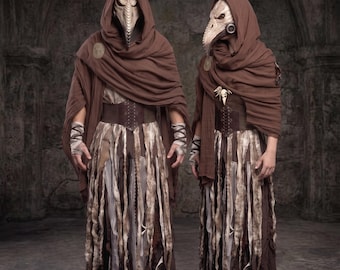 Disfraz de chamán del páramo para parejas, atuendos de fantasía oscura a juego para LARP, pareja de médicos de la peste, cosplay de Halloween de nómada tribal