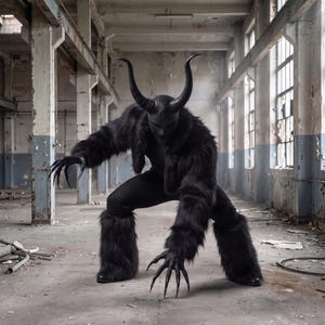 Peut inclure: Un costume noir complet comprenant un masque avec deux longues cornes incurvées, une veste en fausse fourrure hirsute, des jambières assorties et des gants avec de longs doigts pointus en forme de griffes. L'ensemble est entièrement noir.