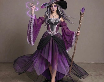 Disfraz de bruja Elden para mujer, vestido de bruja oscura, atuendo de bruja gótica, disfraz de bruja de Halloween, vestido de hechicera de fantasía, reina bruja
