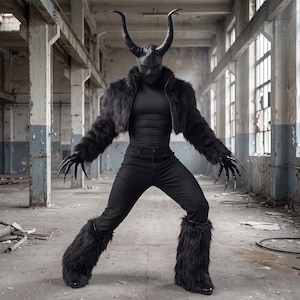 Peut inclure: Un masque noir à cornes, une veste courte en fausse fourrure noire, un haut noir à manches longues, un pantalon noir et des jambières en fausse fourrure noire. L'ensemble comprend de longs gants noirs pointus en forme de griffes.