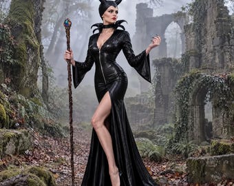Maleficent costume, Horned Witch, Dark Fairy Costume, Black Sorceress Dress, Evil Fairy Queen , Gothic Witch Gown, Halloween Costume